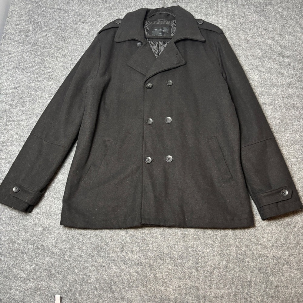 Aeropostale Coat Mens XL Black Pea Coat Quilted Lined Double Breasted Winter‎